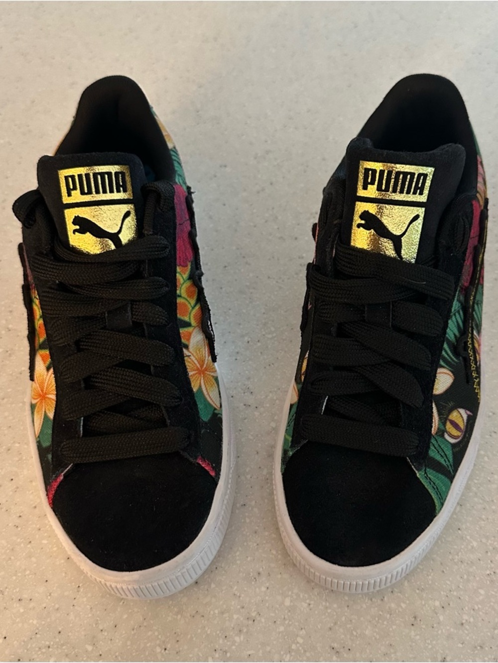 Puma Black Floral Low-Top Sneakers with Gold Logo